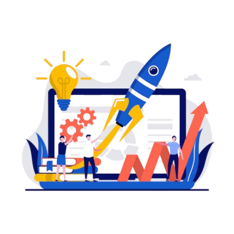 Mission illustration with rocket and business icons